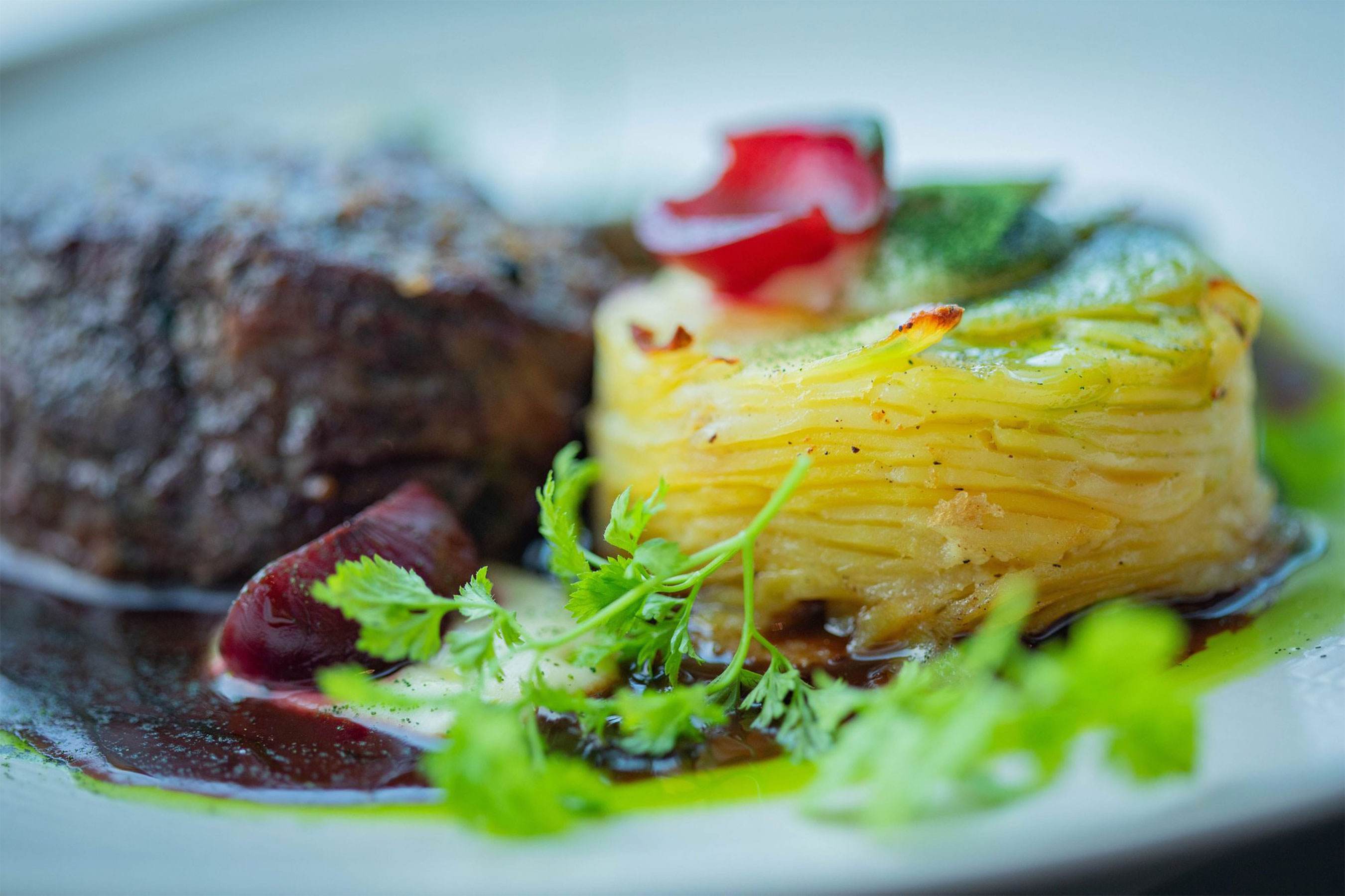 Assiette de venaison avec gratin de pommes de terre et herbes fraîches