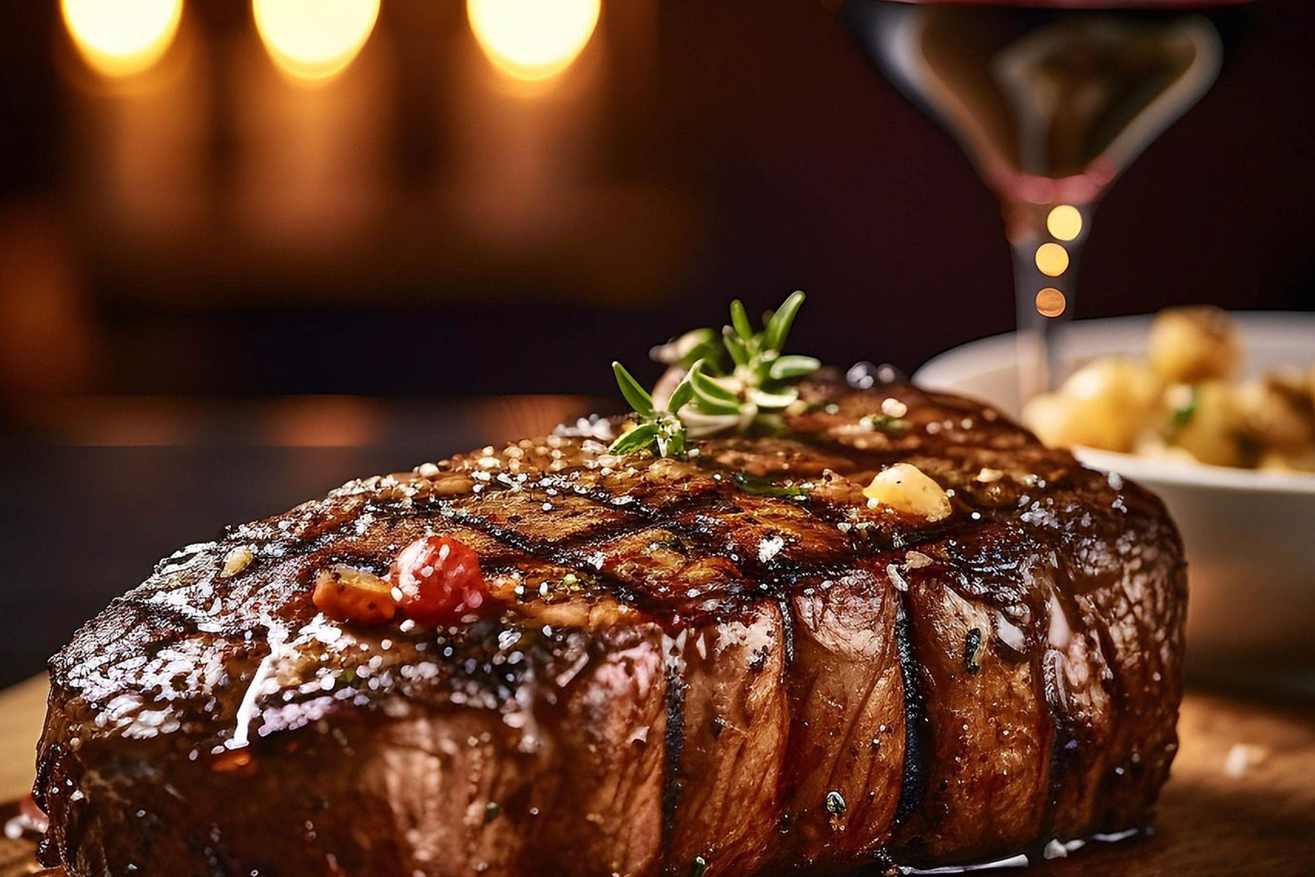 Steak de gibier grillé aux herbes, dressé pour la table